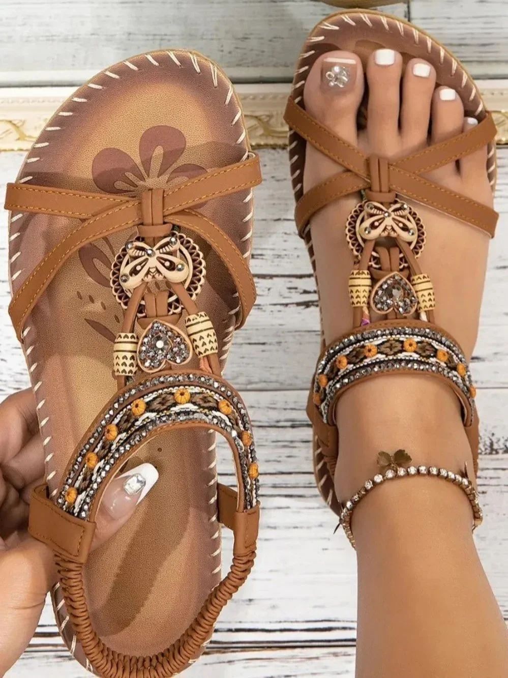 Embellished Tan Women's Slide Sandals with Bead & Crystal Accents